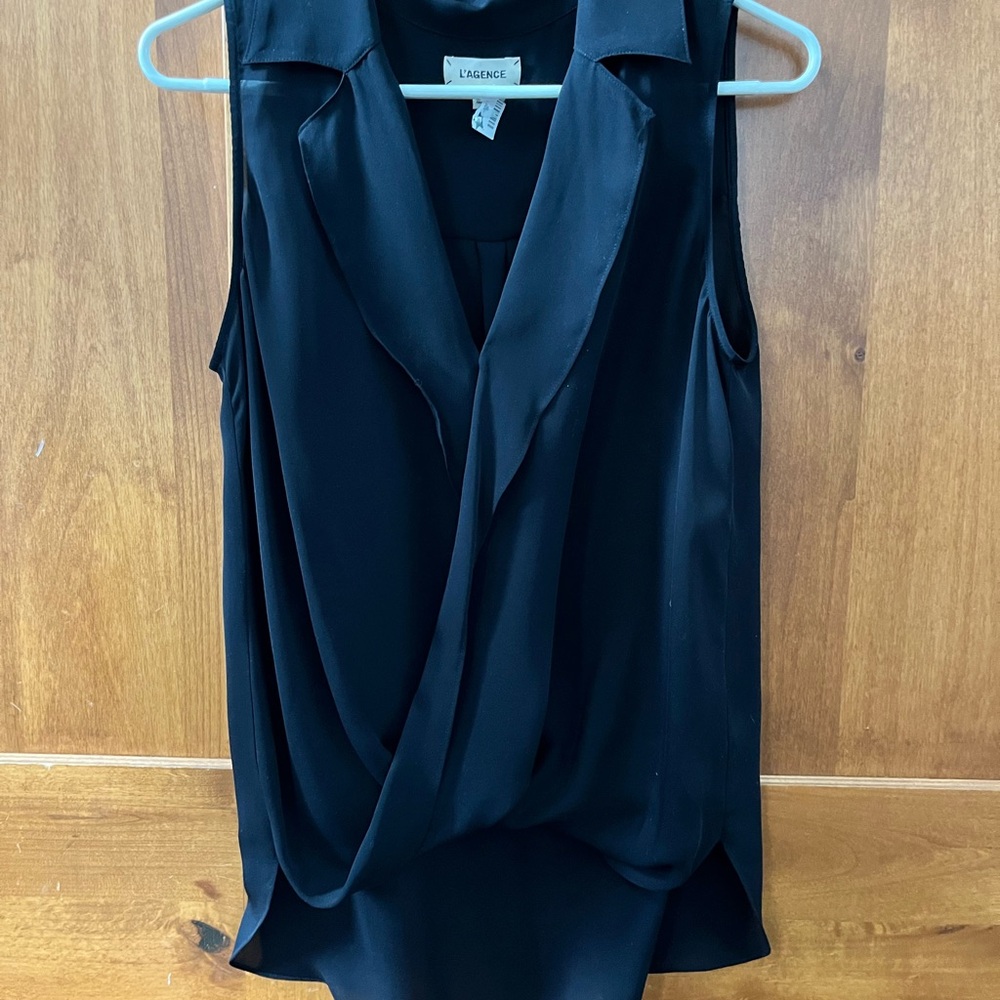 L'AGENCE Black Draped VNeck Sleeveless Blouse Silk